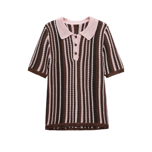 Striped Knitted Top+Knitted Shorts Set for Women