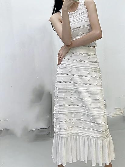 Women's Crochet Vest Set - Hollow Out Knit + Tiered Midi Skirt