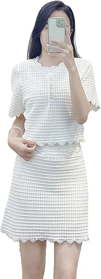 Women's Summer Beaded Knit Set - Hollow Out Sweater & Tiered Skirt