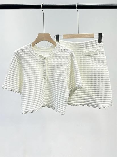 Women's Summer Beaded Knit Set - Hollow Out Sweater & Tiered Skirt