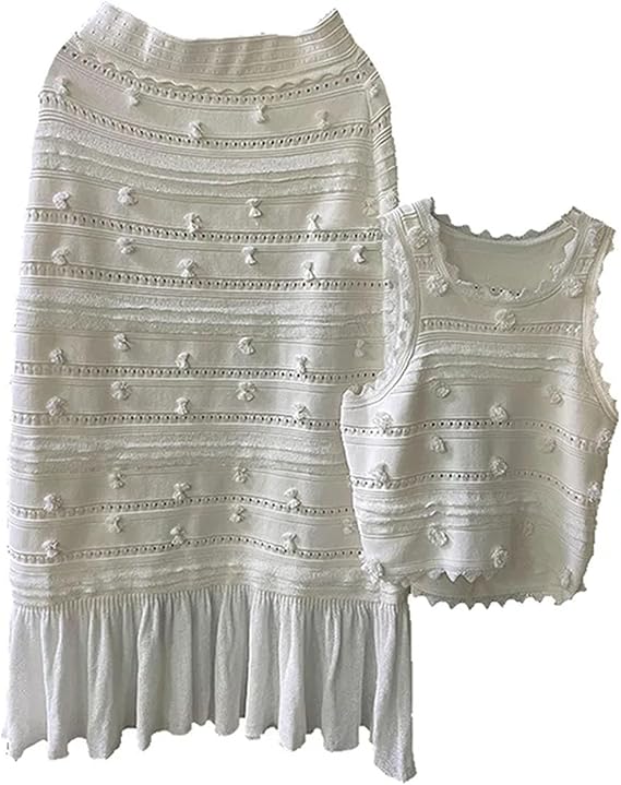 Women's Crochet Vest Set - Hollow Out Knit + Tiered Midi Skirt