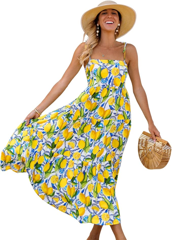 Women's Resort Dress, Organic Rayon Maxi Dress, Smocked Back, Adjustable Tie Straps, and Flowy Tiered Bottom