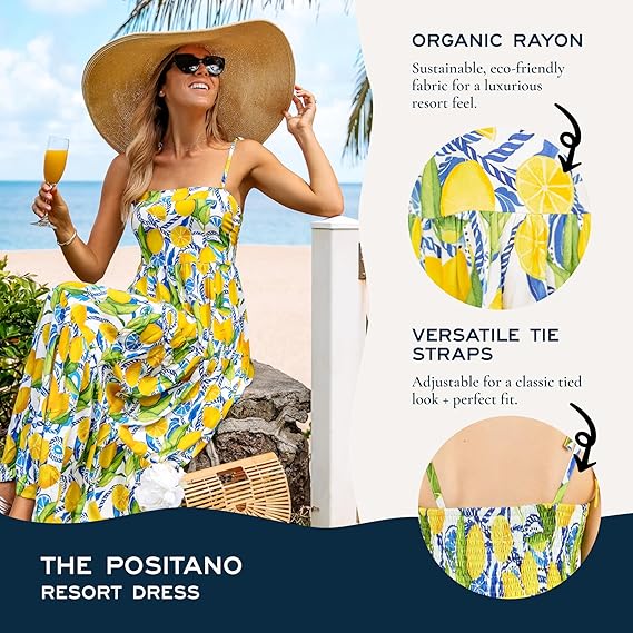 Women's Resort Dress, Organic Rayon Maxi Dress, Smocked Back, Adjustable Tie Straps, and Flowy Tiered Bottom