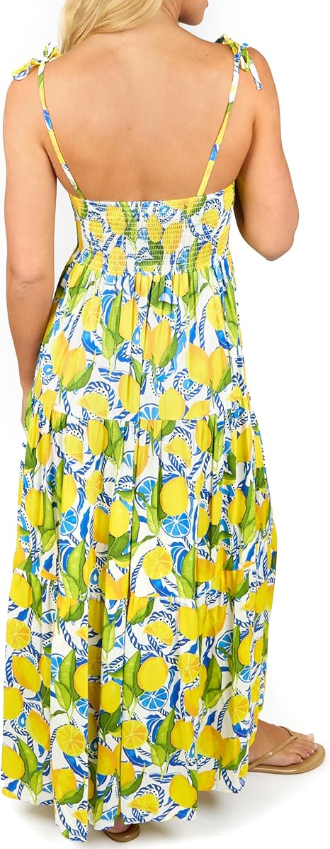 Women's Resort Dress, Organic Rayon Maxi Dress, Smocked Back, Adjustable Tie Straps, and Flowy Tiered Bottom