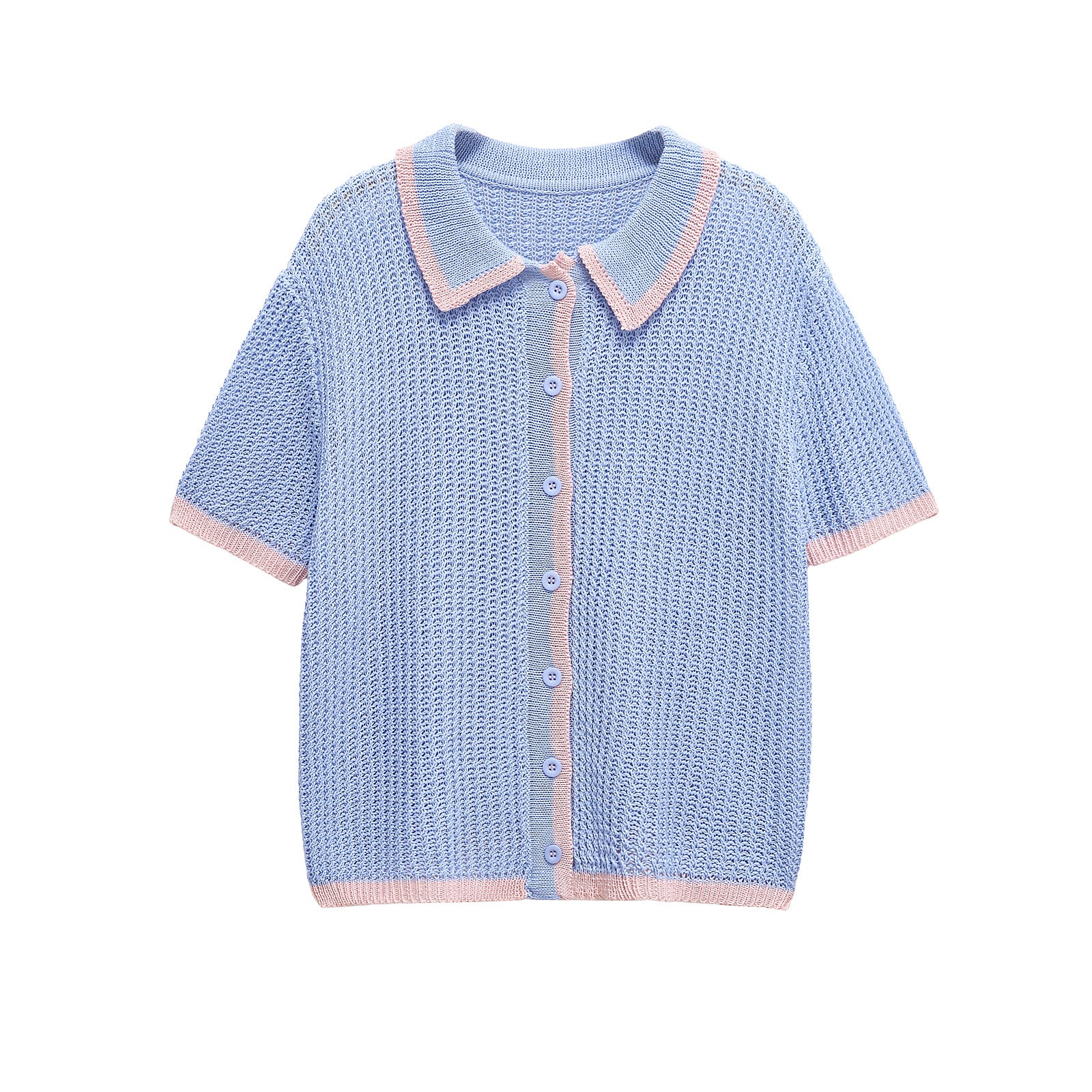 Flip collar short sleeved single breasted knitted sweater T-shirt top
